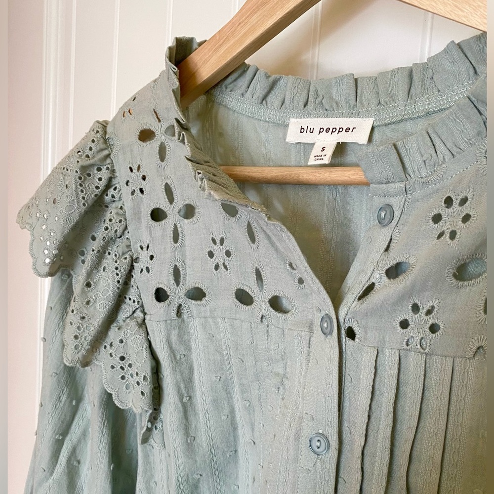 Blu Pepper eyelet flutter sleeve blouse in sage green